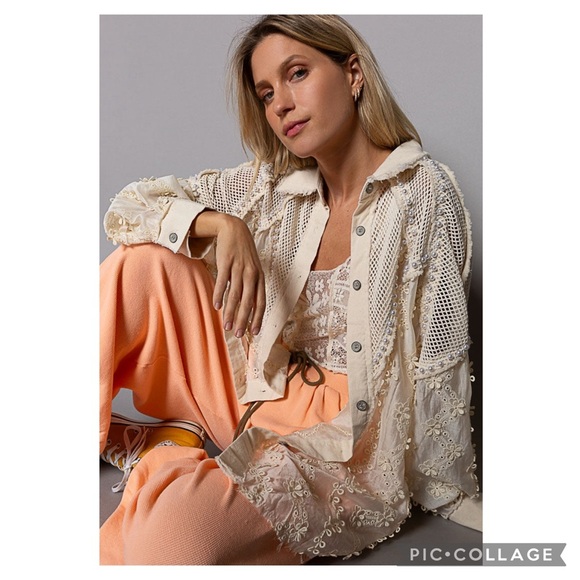 Porter Collective Cream Lace & Pearl Oversized Balloon Sleeve Shirt Size M - Picture 14 of 15